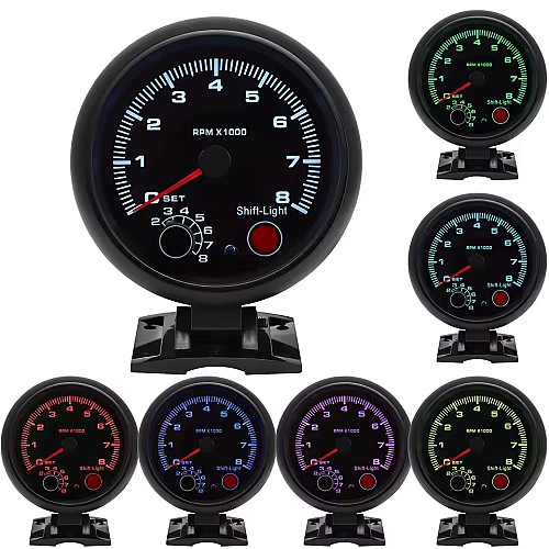 Tachymètre voiture 12V 0-8000 RPM – Compteur tours moteur universel 4, 6, 8 cylindres, rétroéclairage LED 7 couleurs, jauge noire style racing